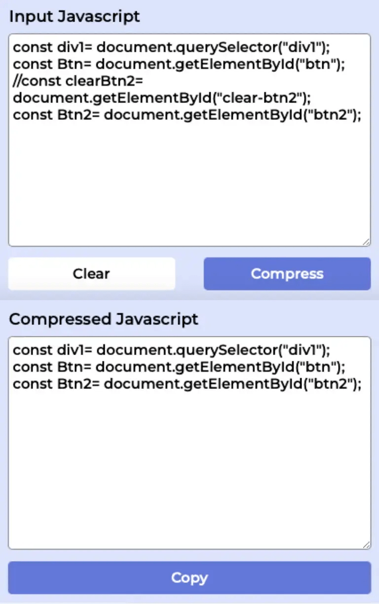 compress Javascript file online for free with ontools JS compress function