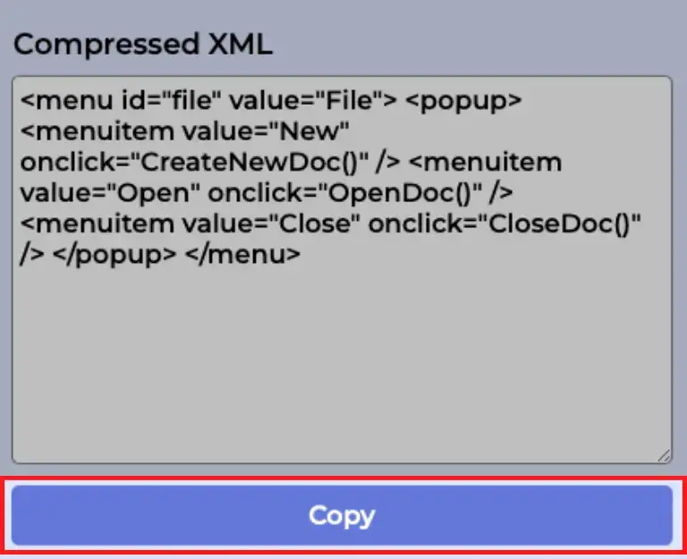 圧縮された xml コードをコピー
