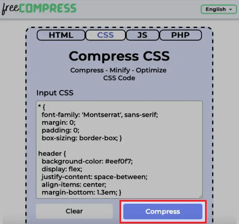 paste and compress CSS