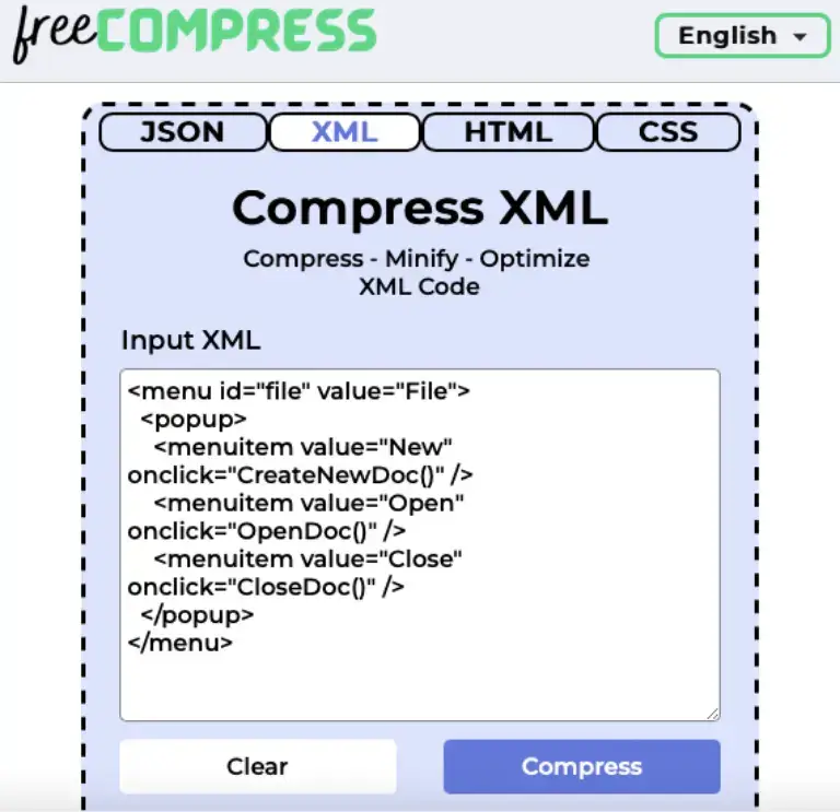 lim inn xml-kode som du vil optimalisere i tekstområdet
