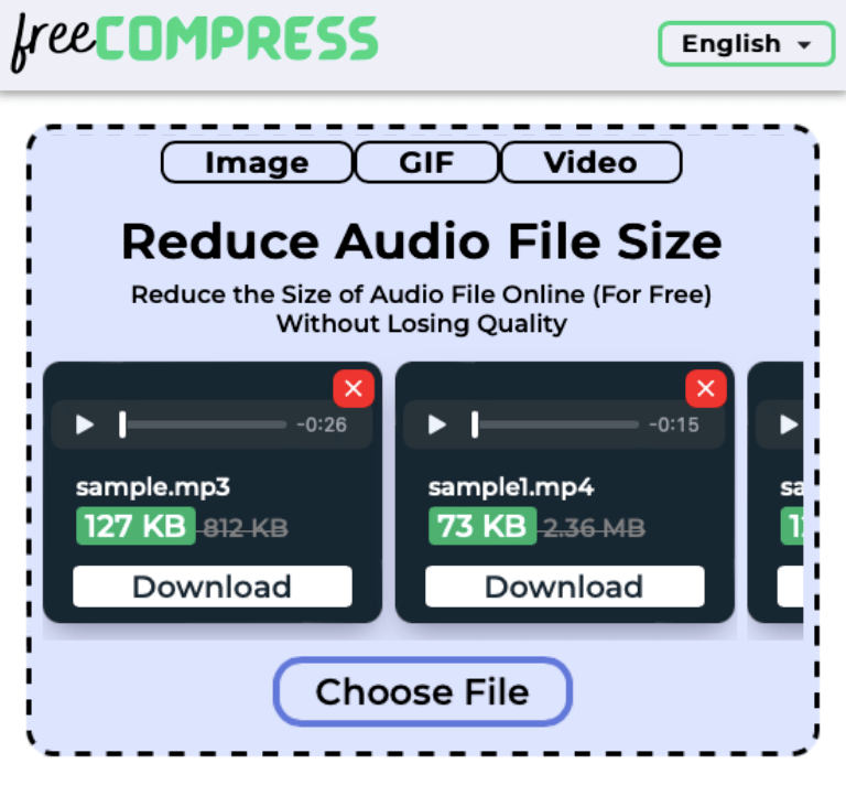 Reduce audio file size online with FreeCompress