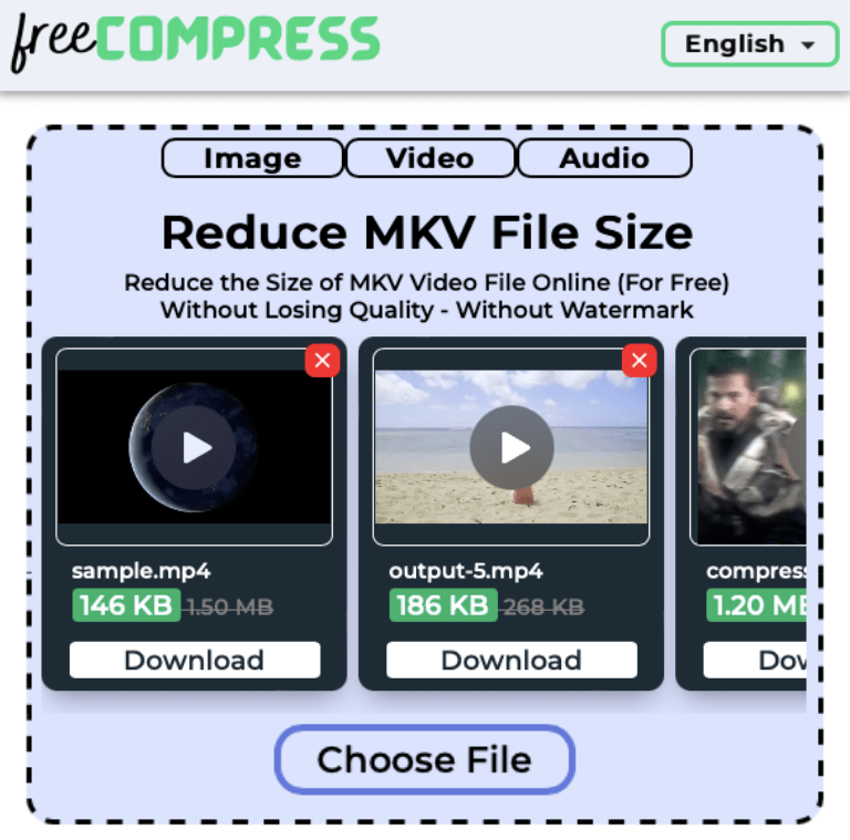 Reduce MKV file size online with FreeCompress