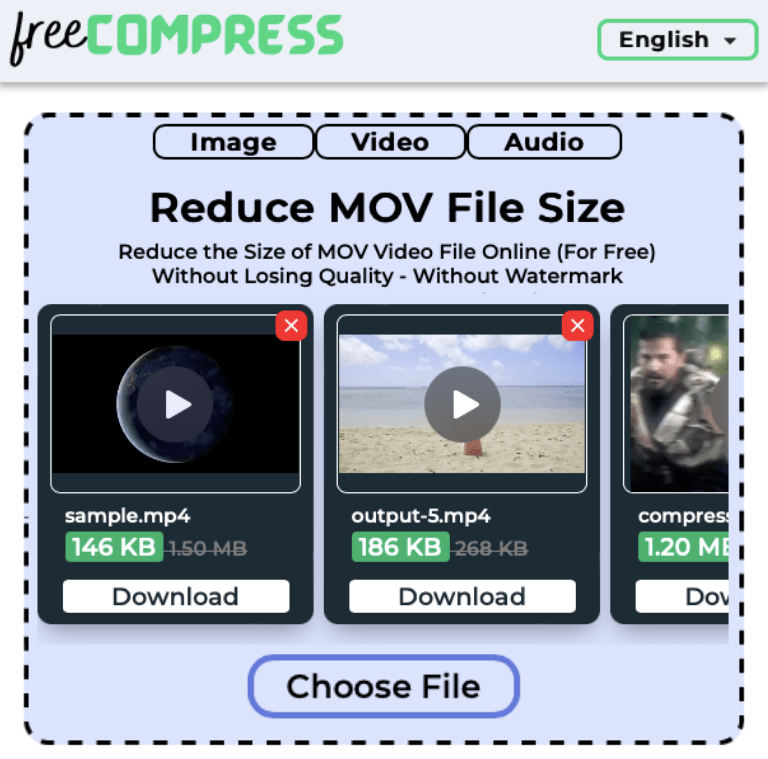Reduce MOV file size online with FreeCompress