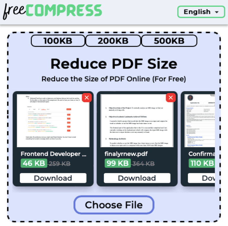 Reduce PDF size to 500KB online with FreeCompress