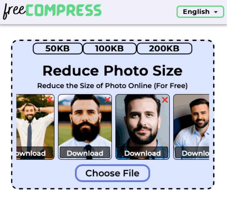 Reduce photo size to 99KB online with FreeCompress
