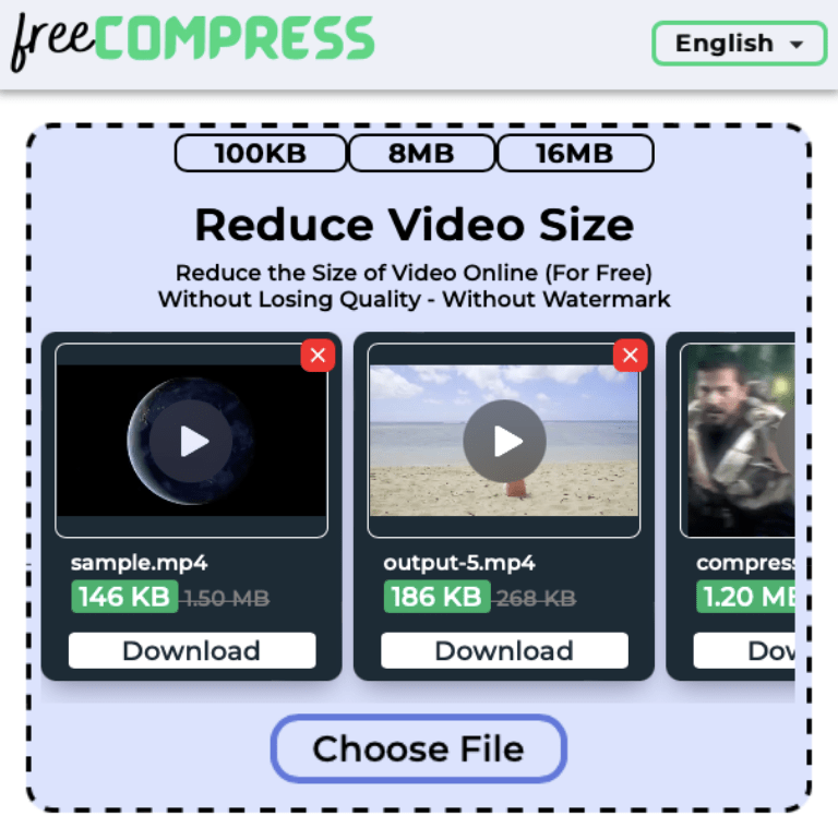 Reduce video size to 1MB online with FreeCompress
